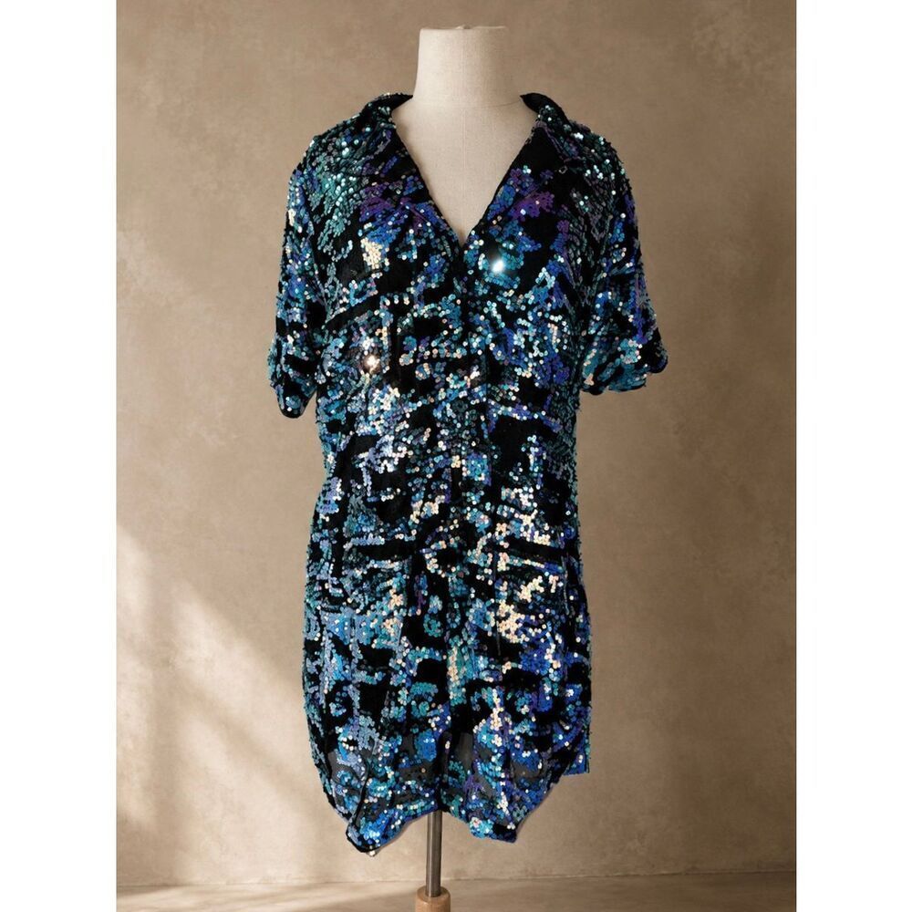 Anthropologie Sz M Bhanui by Jyoti Sequin Mini Dress Iridescent Blue Black Party